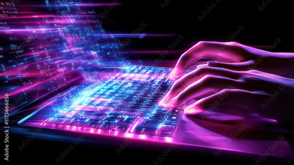 Poster advanced hands typing on computer with digital display effects
