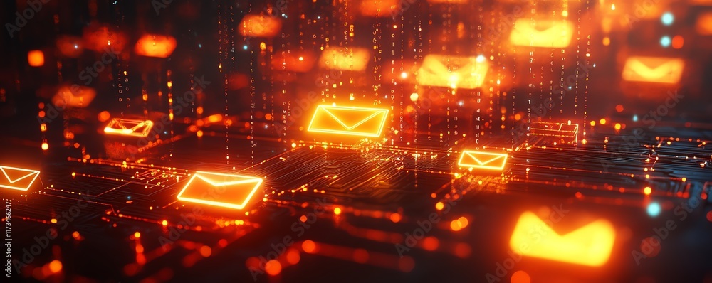Poster networking and mail communication concept, digital yellow and red envelope symbols on dark circuit b