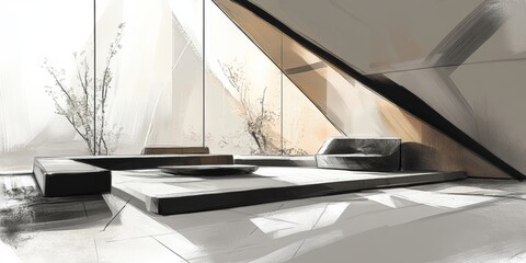 Obraz premium A sleek, minimalist interior featuring geometric architecture, large windows, and abundant natural light, creating a serene and modern atmosphere.
