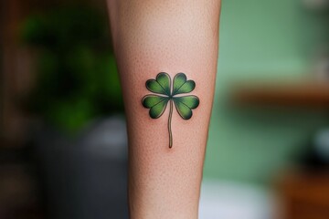 Green four-leaf clover tattoo on caucasian female arm