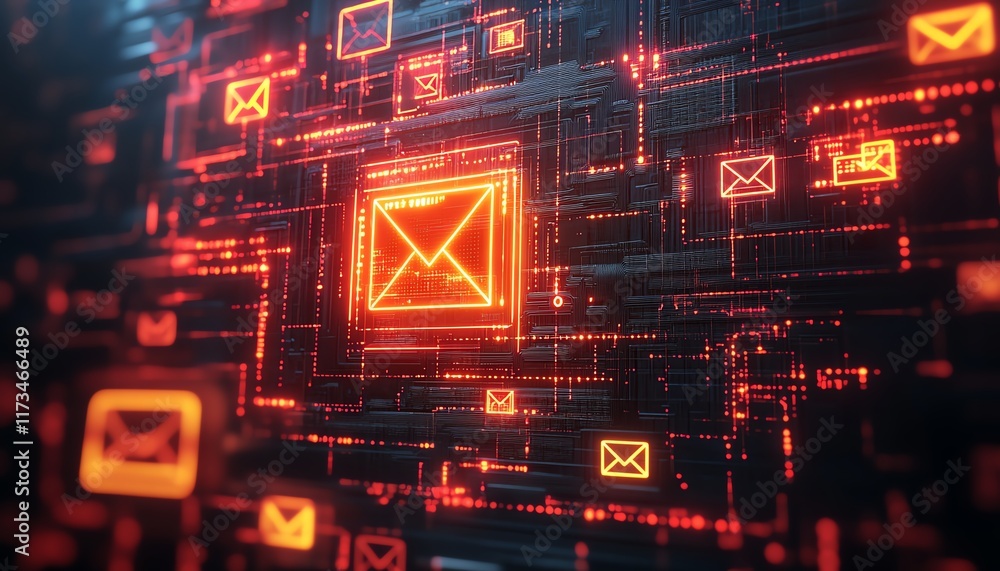 Aufkleber networking concept with yellow and red digital envelope symbols, mail communication, dark circuit ba