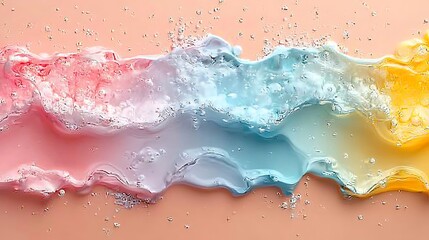 Fototapeta premium Abstract pastel wave flow with bubbles and glitter on peach background.