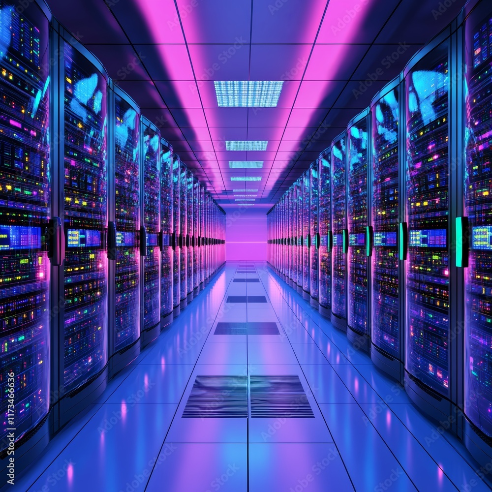 Poster futuristic data center with vibrant lighting and high-tech server racks in a modern space