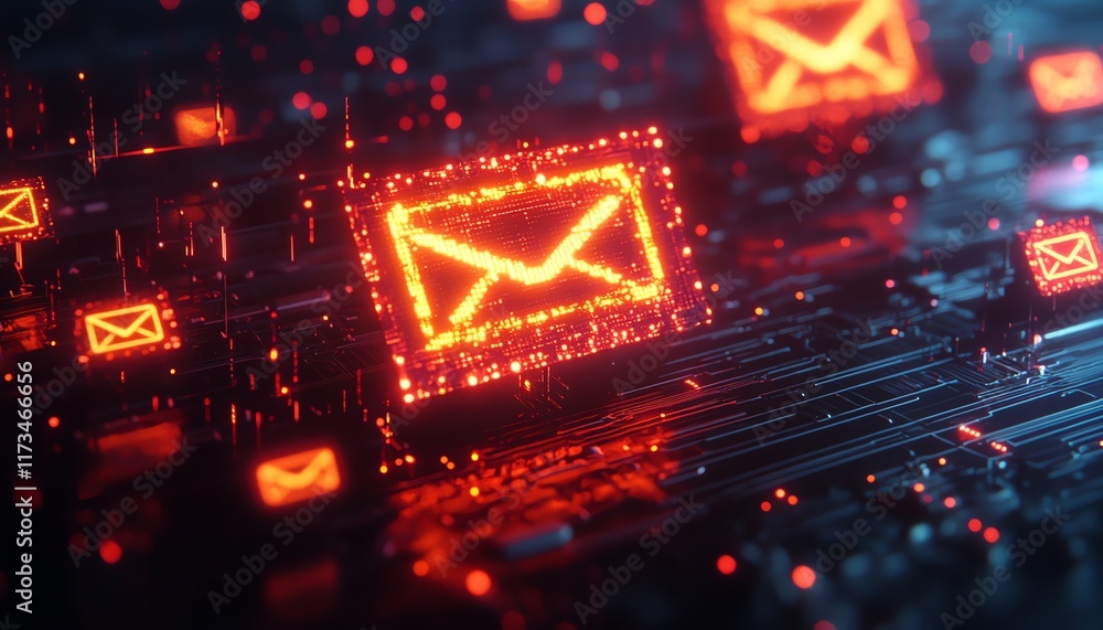 Poster networking concept with yellow and red digital envelope symbols, mail communication, dark circuit ba