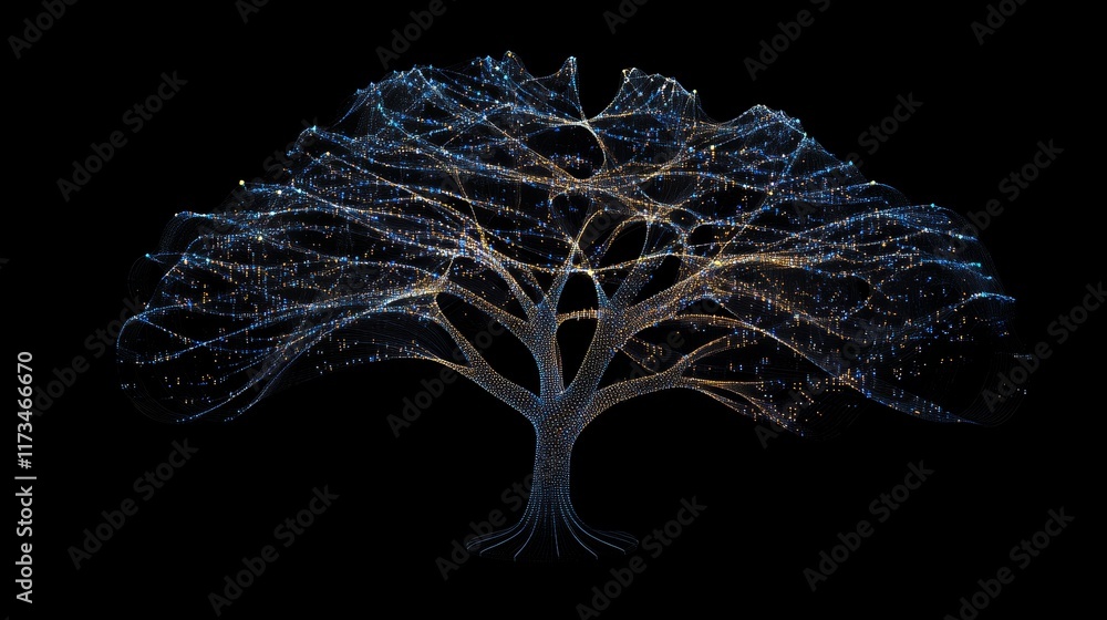 Poster Abstract visualization of a tree with luminous connections representing big data networks on a dark background