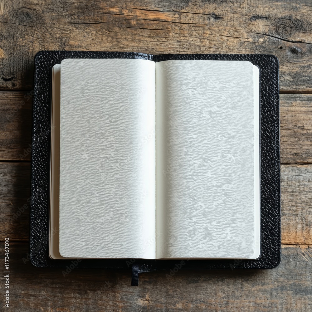 Poster open blank notebook on a wooden table, perfect for writing or sketching. rustic and inviting setting