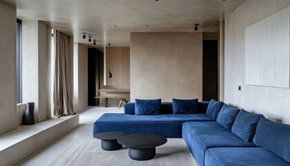 Fototapeta premium Modern Minimalist Apartment Interior Design Luxury Blue Sofa Neutral Walls