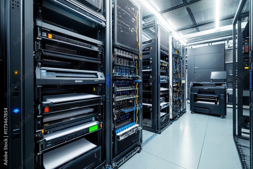 Poster technical equipment in an office setting with printers and servers in a modern workspace