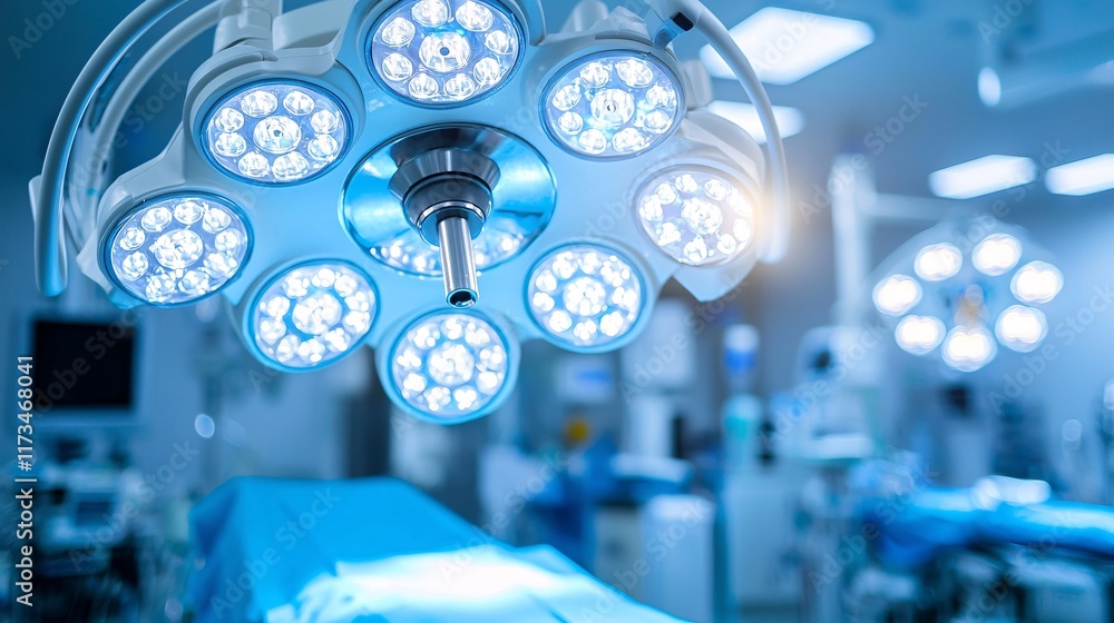 Poster sterile surgical instruments illuminated under bright lights in a clean operating room stock photo w
