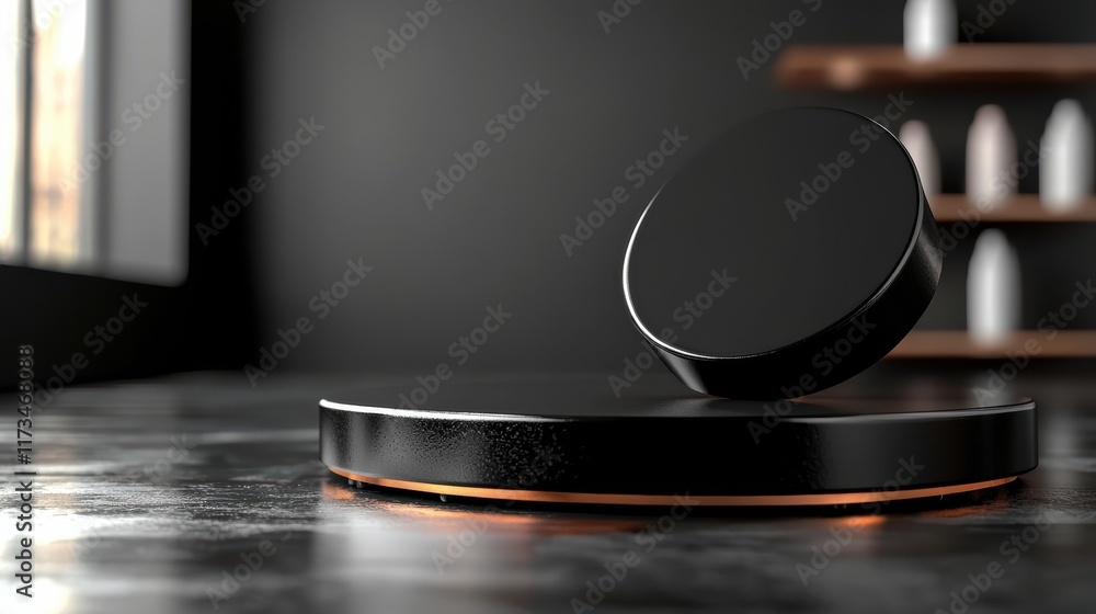 Poster a sleek black object levitates above a circular base, set against a minimalist background with soft 