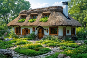 Fototapeta premium Ecological house with thatched roof surrounded by lush green landscape in a serene setting