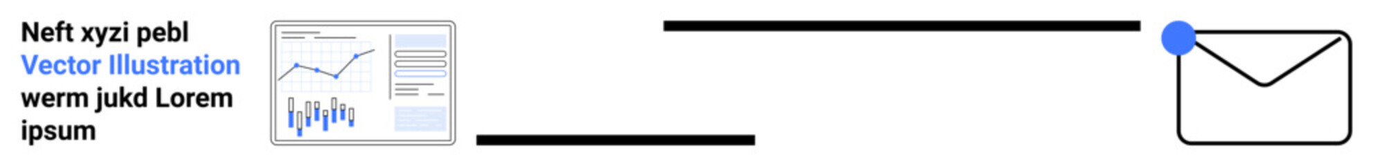 Financial chart, text, and envelope icon. Ideal for business, finance, messaging, notifications, communication, digital marketing, presentations. Modern design and easy-to-understand. Landing page