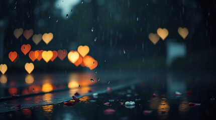  A moody, low-contrast image of a wet rainy scene with heart bokeh backgrounds and light petals, featuring drizzling rain and reflective surfaces