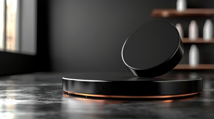 A sleek black object levitates above a circular base, set against a minimalist background with soft lighting.