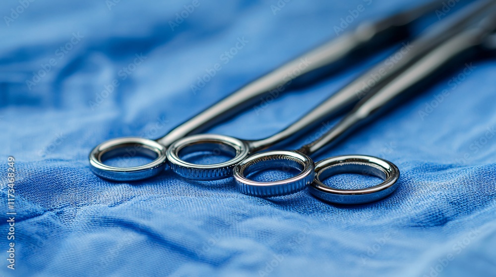 Poster sterilized medical instruments neatly arranged on a blue surgical drape stock photo with side copy s