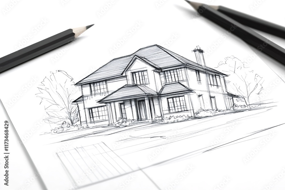 Poster blueprint showcasing a modern detached house with garden and trees, sketched by an architect on whit