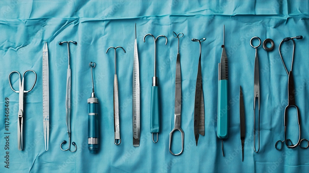 Poster sterilized medical instruments neatly arranged on a blue surgical drape stock photo with side copy s