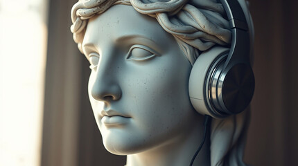 A photograph capturing a serene ancient Greek marble sculpture of a woman, pale skin and peaceful expression