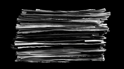 Stacked newspapers in various languages with text space on black. 