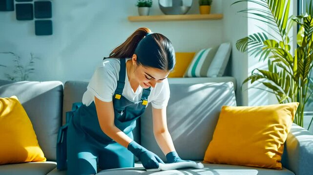 A young Caucasian woman, dressed casually in a t-shirt and overalls, tidies up her bright living room filled with sunlight. The mood is cheerful as she rearranges cushions and decor, capturing a cozy