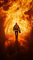 Fototapeta premium Firefighter wearing protective gear and carrying oxygen tank walking through burning tunnel during dangerous rescue operation, demonstrating bravery and commitment to saving lives