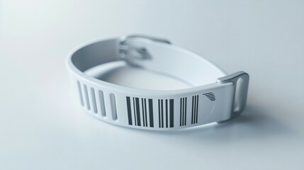 Close-up of a secure medical wristband with barcode, representing patient safety and healthcare security, on a clean white background with copy space.