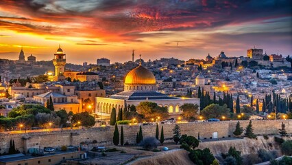 Fototapeta premium Panoramic View of Ancient Jerusalem Skyline, Old City Walls, Dome of the Rock