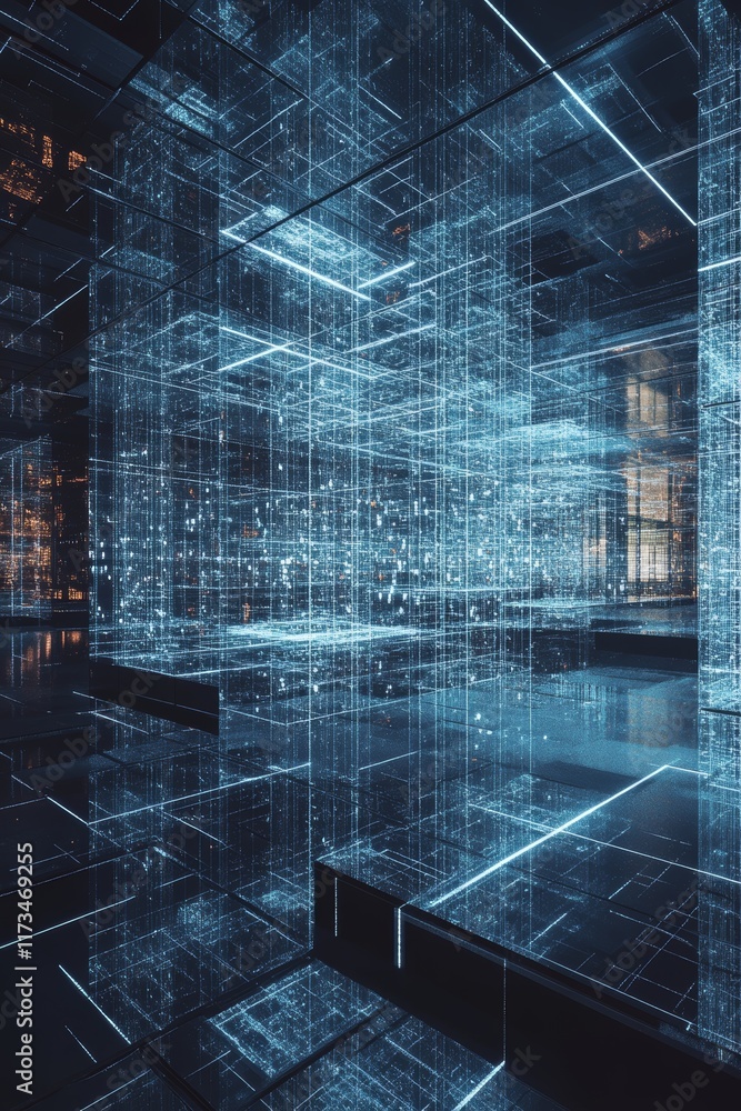 Poster explore a captivating volumetric visualization of data clusters in a futuristic environment, showcas
