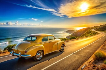 Obraz premium Panoramic View of a Yellow Classic Car on a Sunny Day
