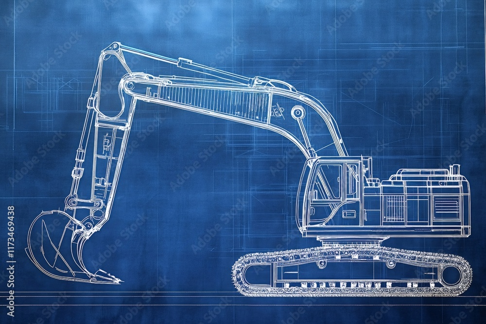 Poster blueprint drawing of a large excavator highlighting its complex mechanical design, suggesting its re
