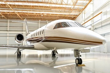 Fototapeta premium Gleaming white and gold private jet parked inside hangar, reflecting on polished floor, receiving maintenance and preparation for next flight