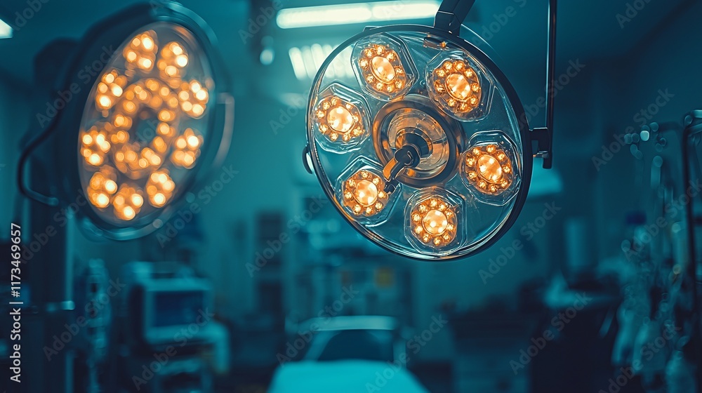 Poster bright and sterile operating room with surgical instruments ready for the procedure stock photo with