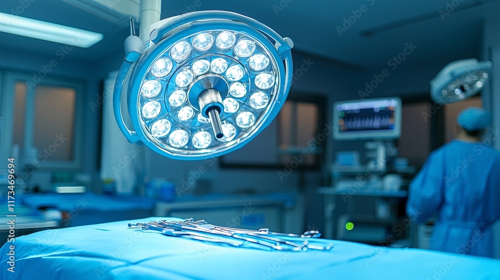 Poster bright and sterile operating room with surgical instruments ready for the procedure stock photo with