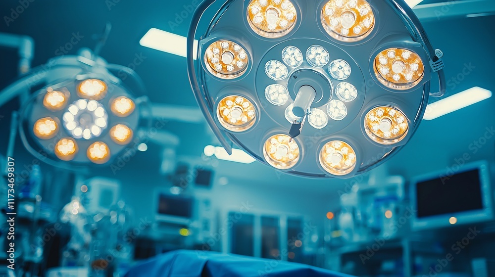Poster bright and sterile operating room with surgical instruments ready for the procedure stock photo with
