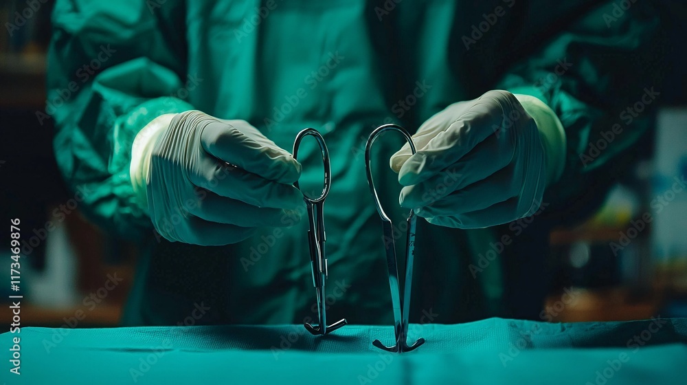 Poster bright and sterile operating room with surgical instruments ready for the procedure stock photo with