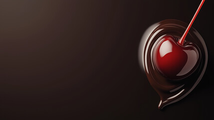 A single chocolate-covered cherry melting slowly, the glossy chocolate mixing with a bright red cherry syrup, illuminated dramatically in a dark studio setting