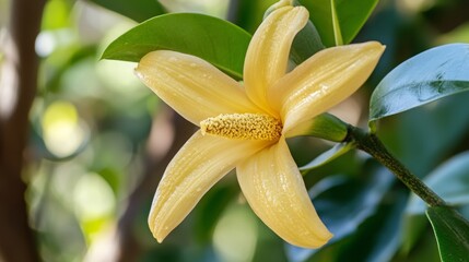 Vanilla flower with pods and green leaves, highlighting its natural beauty.