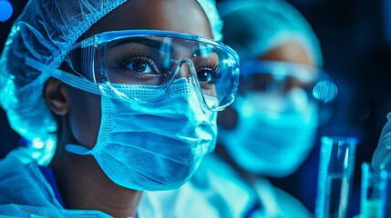 Medical staff double-checking sterilized surgical tools for safety and accuracy Stock Photo with side copy space
