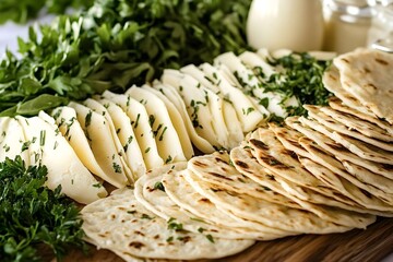Slices of grilled halloumi cheese and pita bread seasoned with fresh parsley create an appetizing arrangement on a rustic wooden serving board, ideal for a mediterranean-inspired meal or appetizer