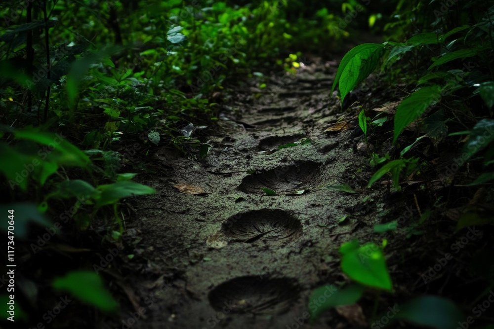 Aufkleber path through a forest with four footprints in the mud. scene is mysterious and eerie