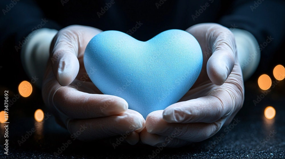 Poster surgeons performing open-heart surgery under intense operating room lights stock photo with side cop