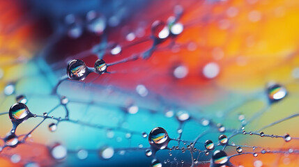 Droplets of water create colorful reflections on fine strands against a vibrant abstract background
