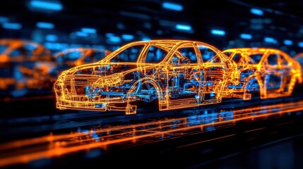 Futuristic Neon Car Render with High-Tech Digital Wireframe Model