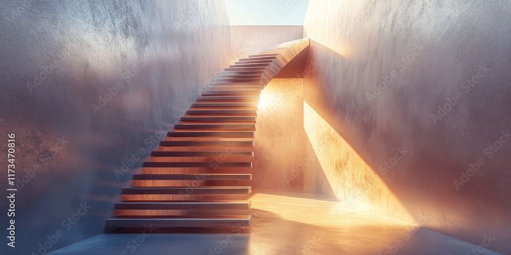 Poster an abstract representation of a modern staircase bathed in warm light, showcasing minimalist design 