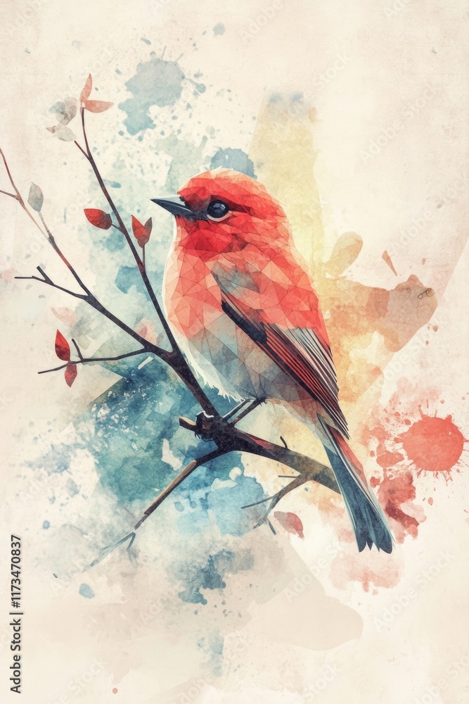 Poster a bird is perched on a branch with a splash of color