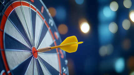 Dart hitting the bullseye on a dartboard illuminated by soft lights. Concept for target achieve.