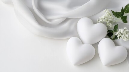 Fototapeta premium Elegant White Hearts on Soft Fabric with Greenery for Romantic Themes