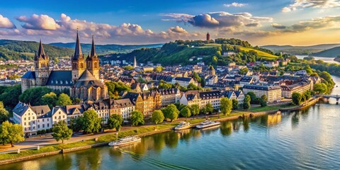 Obraz premium Panoramic View of Koblenz-Pfaffendorf from the Rhine River: Stunning German Landscape