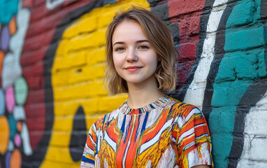 Portrait of a young woman standing in front of a graffiti wall in an urban setting, with vibrant...