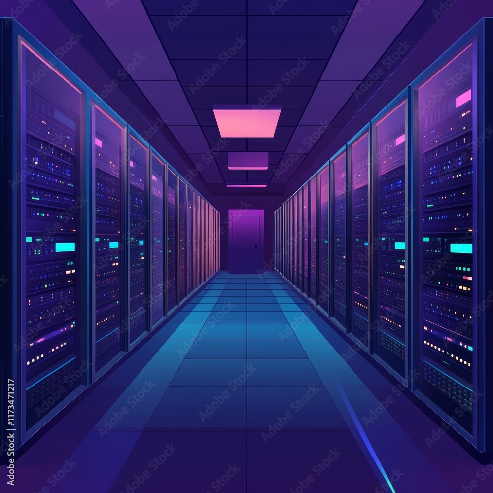 Poster explore a vibrant and futuristic server room filled with glowing equipment and modern technology, sh
